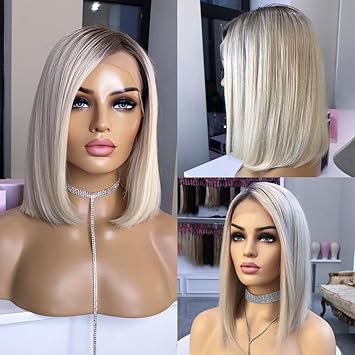 Ombre Ash Blonde Wigs Human Hair, Glueless Pre plucked Bleached Knots perruque humain sans colle glueless wig human hair ready to wear