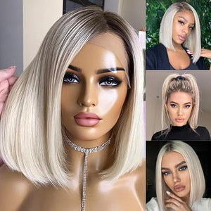 Ombre Ash Blonde Wigs Human Hair, Glueless Pre plucked Bleached Knots perruque humain sans colle glueless wig human hair ready to wear