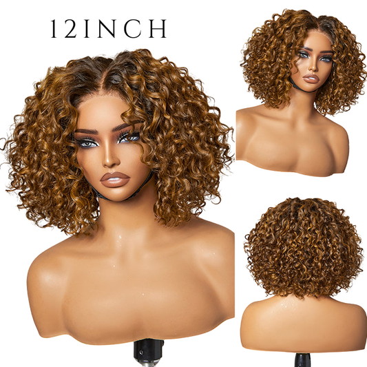 Brown Highlight / Natural Black / Blonde Highlight Deep Curly Glueless 5x5 Closure Pre-Cut Lace Wig Breathable Cap