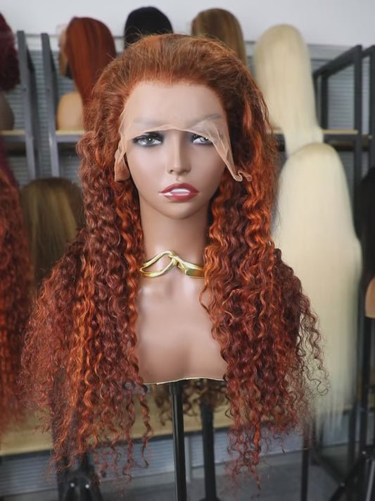 30 34Inch 4/350 Highlight Water Wave 13x6 Lace Frontal Human Hair Wigs Curly Ginger Orange Brown Piano Color 13x4 Lace Front Wig