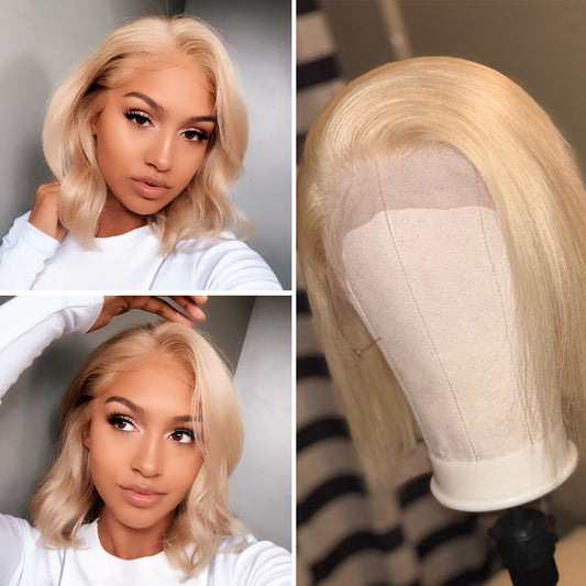 Dialove 13X4 hd transparent lace front human hair wig brazilian remy colored 613 short bob lace closure wig frontal wig for black women