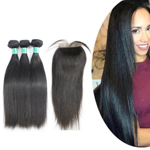 10A Brazilian Virgin Hair Straight Human Hair 3 PCS Bundles with Lace Closure 4x4 Unprocessed Human Hair Extensions Dialove Hair