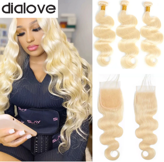 Dialove 613 Blonde Bundles With Closure Brazilian Remy Body Wave Human Hair Weave 613 Honey Blonde 3 Bundles With Closure
