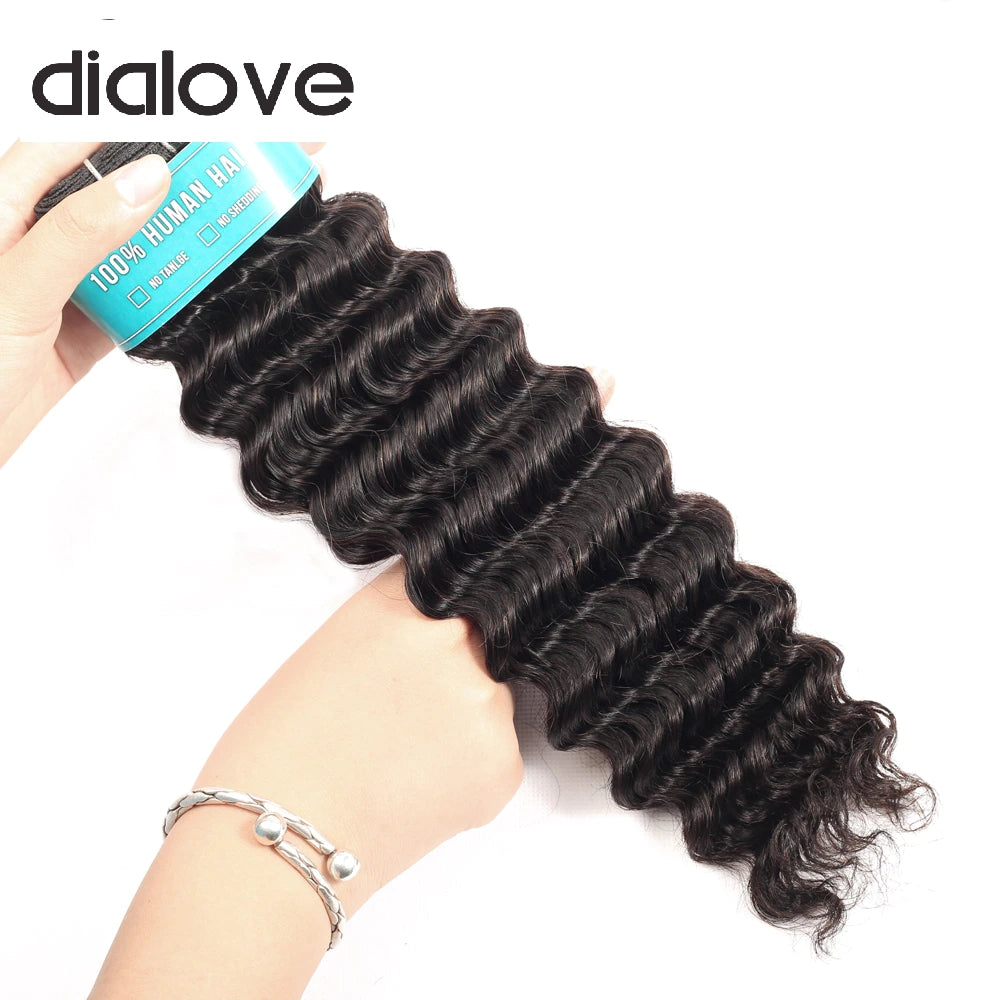 Dialove  Deep Wave Brazilian Hair Weave 3 4 Bundles With 13X4 Lace Frontal Brazilian Deep Curly Double Weft Bundle And Closure