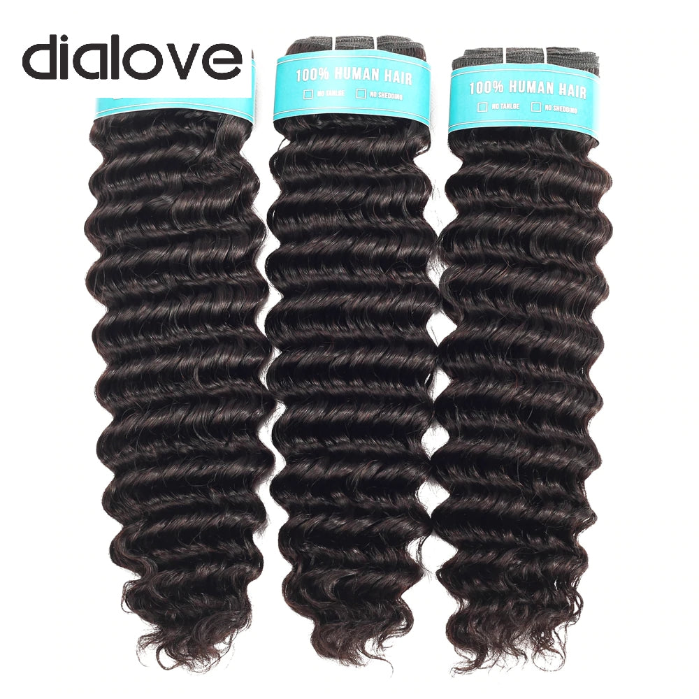 Dialove  Deep Wave Brazilian Hair Weave 3 4 Bundles With 13X4 Lace Frontal Brazilian Deep Curly Double Weft Bundle And Closure