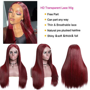 99J 13x4 Straight Lace Front Human Hair Wig for Black Women Burgundy Wine Red Silky Straight