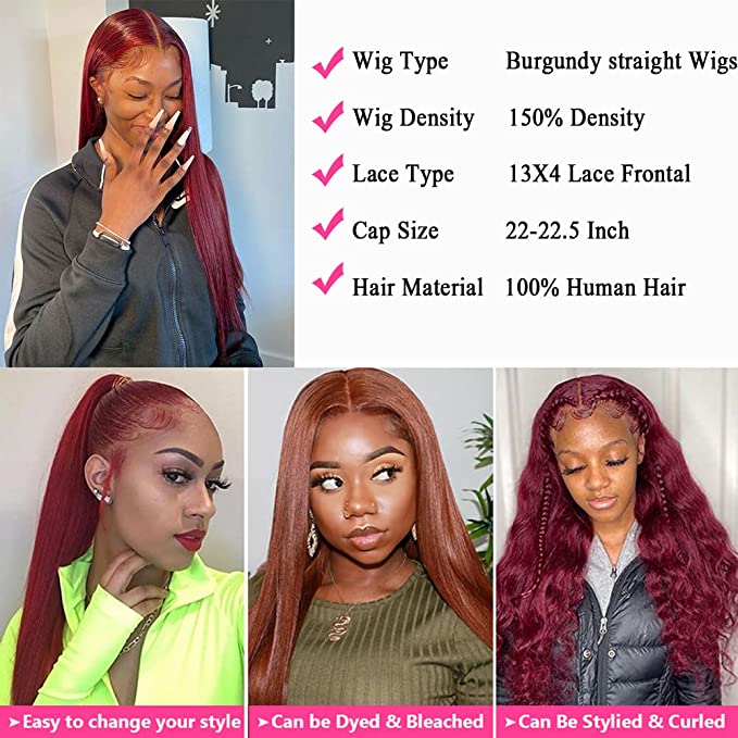 99J 13x4 Straight Lace Front Human Hair Wig for Black Women Burgundy Wine Red Silky Straight