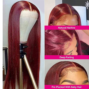 99J 13x4 Straight Lace Front Human Hair Wig for Black Women Burgundy Wine Red Silky Straight