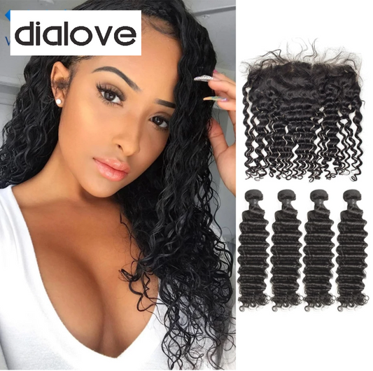 Dialove  Deep Wave Brazilian Hair Weave 3 4 Bundles With 13X4 Lace Frontal Brazilian Deep Curly Double Weft Bundle And Closure