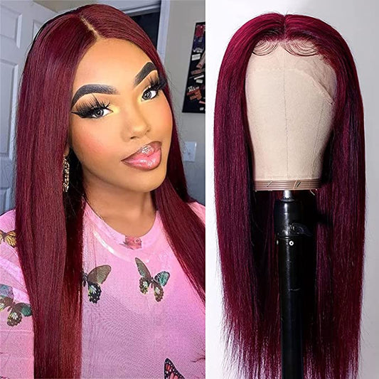 99J 13x4 Straight Lace Front Human Hair Wig for Black Women Burgundy Wine Red Silky Straight