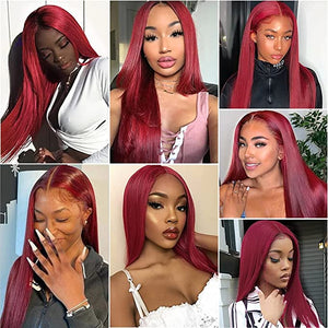 99J 13x4 Straight Lace Front Human Hair Wig for Black Women Burgundy Wine Red Silky Straight