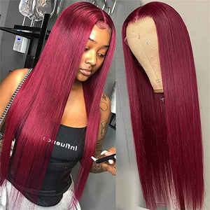 99J 13x4 Straight Lace Front Human Hair Wig for Black Women Burgundy Wine Red Silky Straight