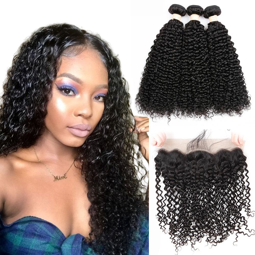Dialove Brazilian kinky Curly Bundles With Lace Frontal Closure Free Part 13x4" Swiss Lace Remy Human Hair Bundles With Closure