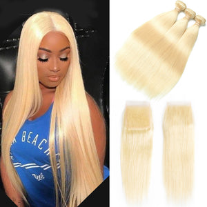 Dialove Honey Blonde Bundles With Closure Brazilian Remy Straight Human Hair 613 Bundles With Closure Free Shipping