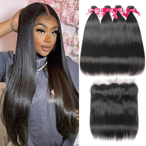 Brazilian Hair Weave Bundles With Frontal Dialove Hair Straight Human Hair Bundles With Lace Frontal Closure