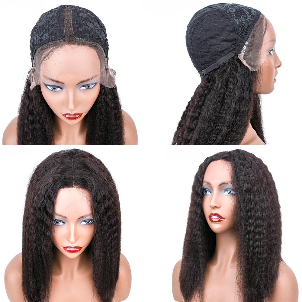 Kinky Straight Bob Human Hair Wigs 150 Density Coarse Yaki Brazilian Short Bob T Part Lace Front Wig