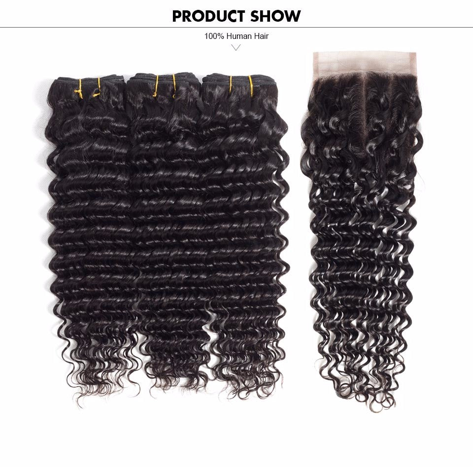 Dialove Hair 10A Brazilian Deep Wave Hair Weave Bundles Natural Color 100% Human Hair weaving 3 Piece With Closure 8-30inch Remy Hair Extension