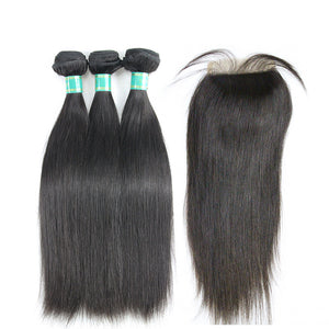 <transcy>10A cheveux vierges brésiliens cheveux humains raides 3 PCS paquets avec fermeture à lacet 4x4 Extensions de cheveux humains non transformés Dialove cheveux</transcy>