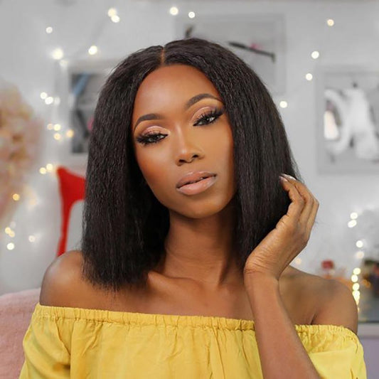 Kinky Straight Bob Human Hair Wigs 150 Density Coarse Yaki Brazilian Short Bob T Part Lace Front Wig