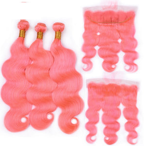 DIALOVE Colored Rose Pink Bundles With Lace Frontal Closure Body Wave Remy Brazilian Human Hair With Lace Frontal 13*4 inch