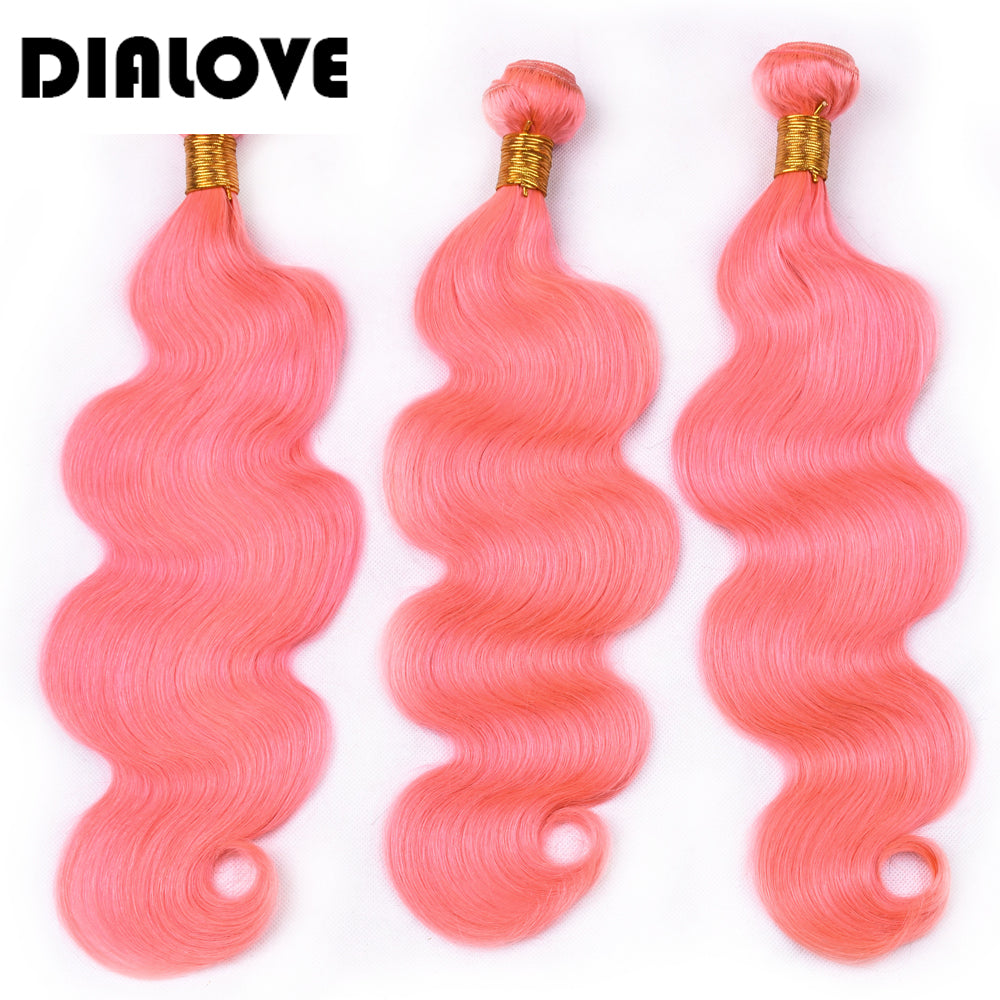 DIALOVE Colored Rose Pink Bundles With Lace Frontal Closure Body Wave Remy Brazilian Human Hair With Lace Frontal 13*4 inch