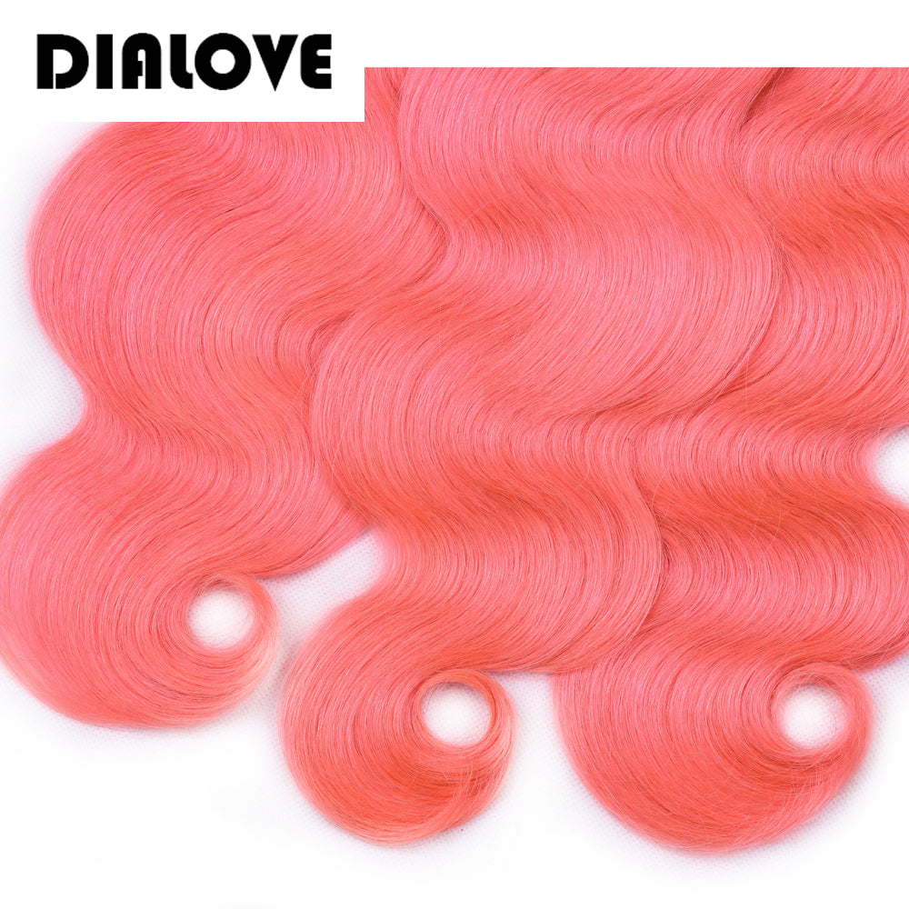 DIALOVE Colored Rose Pink Bundles With Lace Frontal Closure Body Wave Remy Brazilian Human Hair With Lace Frontal 13*4 inch