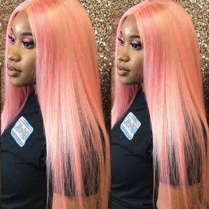 Full Lace Wigs 100% Human Hair Light Pink Straight 20''