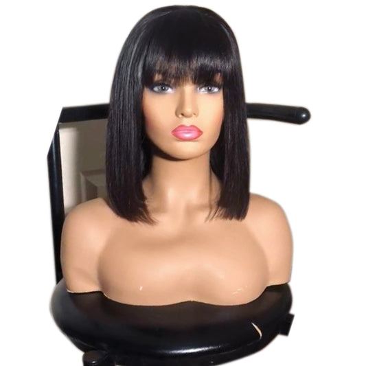 Dialove Straight Short Bob Lace Front Human Hair Wigs With Bangs Natural Color Indian Non-Remy Hair 180 Denisty Bob Wigs For Women