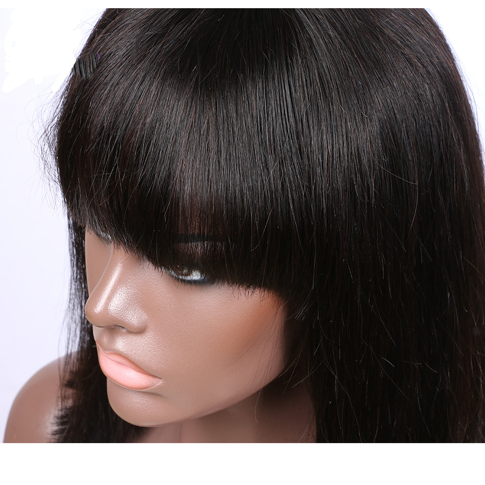 Dialove Straight Short Bob Lace Front Human Hair Wigs With Bangs Natural Color Indian Non-Remy Hair 180 Denisty Bob Wigs For Women