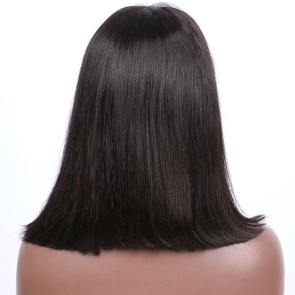 Dialove Straight Short Bob Lace Front Human Hair Wigs With Bangs Natural Color Indian Non-Remy Hair 180 Denisty Bob Wigs For Women