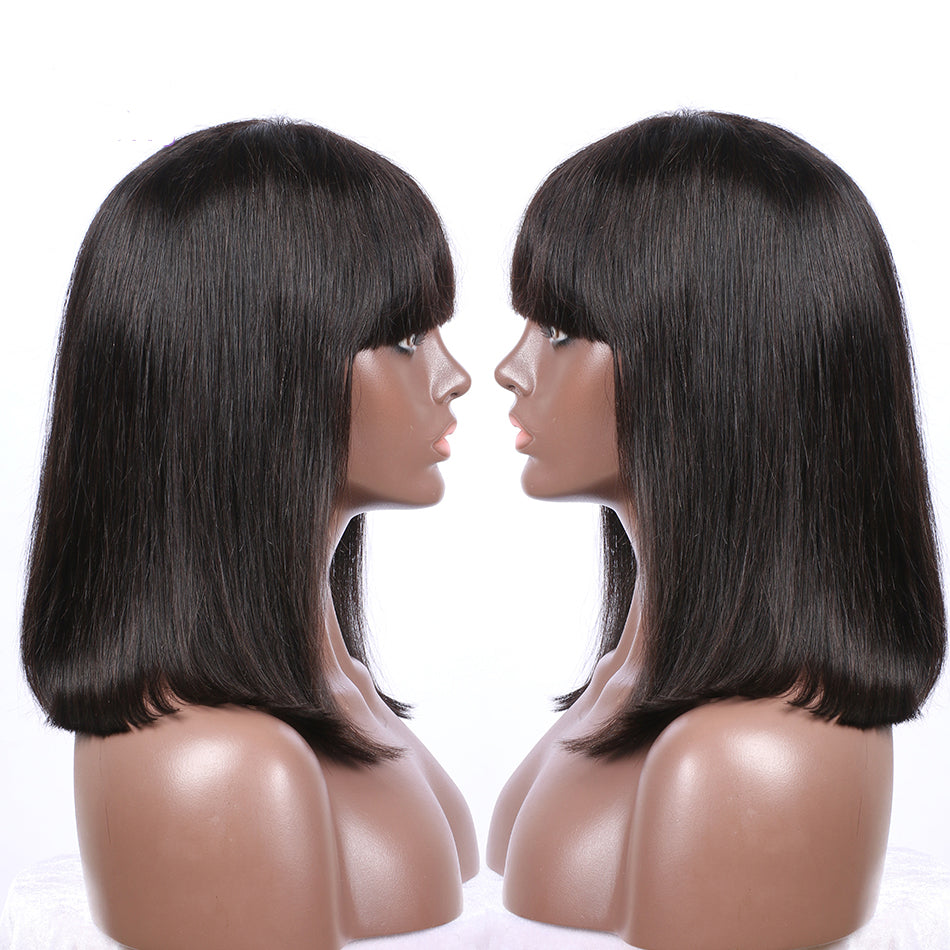 Dialove Straight Short Bob Lace Front Human Hair Wigs With Bangs Natural Color Indian Non-Remy Hair 180 Denisty Bob Wigs For Women