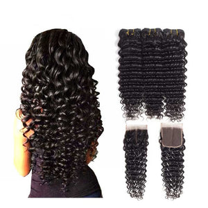 Dialove Hair 10A Brazilian Deep Wave Hair Weave Bundles Natural Color 100% Human Hair weaving 3 Piece With Closure 8-30inch Remy Hair Extension